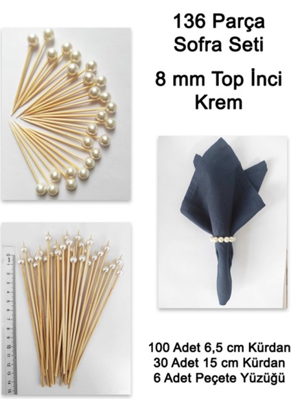 136 Parça Krem Küçük Top Inci Boncuklu Sofra Seti Uzun Kürdan Kısa Kürdan Peçete Halkası-Inci 8 mm