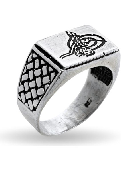 Örgü Desenli Dikdörtgen Tuğra Gümüş Retro Erkek Yüzük