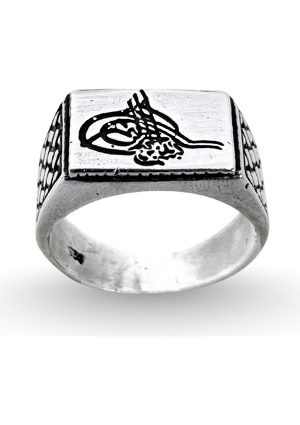 Örgü Desenli Dikdörtgen Tuğra Gümüş Retro Erkek Yüzük fiyatları