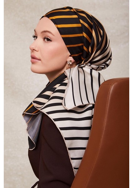 Gold Şerit Desen Twill Ipek EŞARP-0909