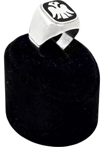 Kare Mineli Çift Başlı Kartal Gümüş Erkek Yüzük