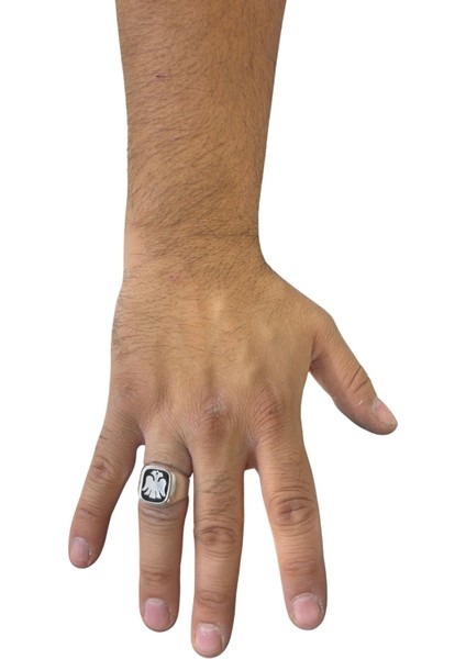 Kare Mineli Çift Başlı Kartal Gümüş Erkek Yüzük modelleri