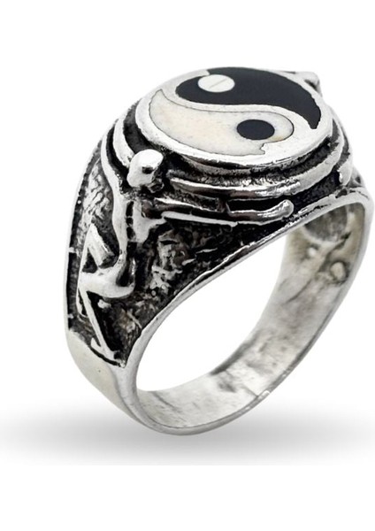 Yuvarlak Mineli Ying-Yang Gümüş Erkek Retro Yüzük