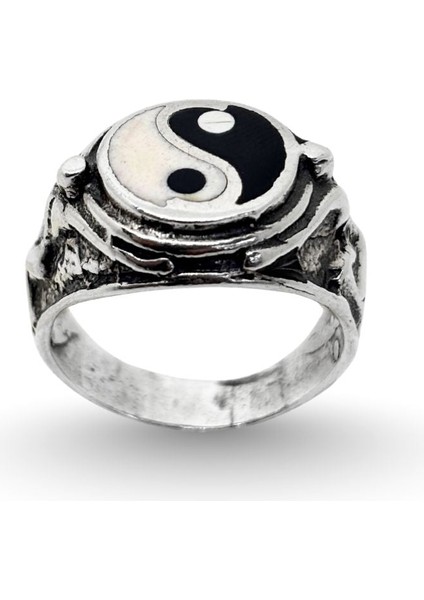Yuvarlak Mineli Ying-Yang Gümüş Erkek Retro Yüzük fiyatları