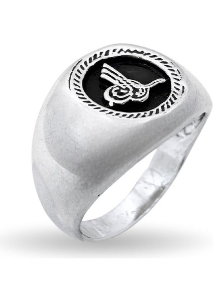 Ortası Oksitli Osmanlı Tuğrası Cilalı Gümüş Erkek Yüzük