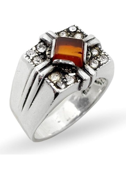 Kare Zirkon Taş Çevrili Kehribar Gümüş Erkek Yüzük