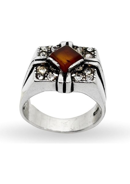 Kare Zirkon Taş Çevrili Kehribar Gümüş Erkek Yüzük fiyatları