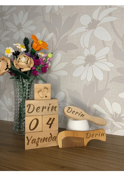 Isimli Bebek Anne Anı Küpü Keçi Kılı Saç Fırçası, Tutma Saplı Şimşir Tarak 7'li Set Lazer Markalama