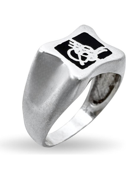 Mineli Osmanlı Tuğralı Cilalı Erkek Retro Gümüş Yüzük