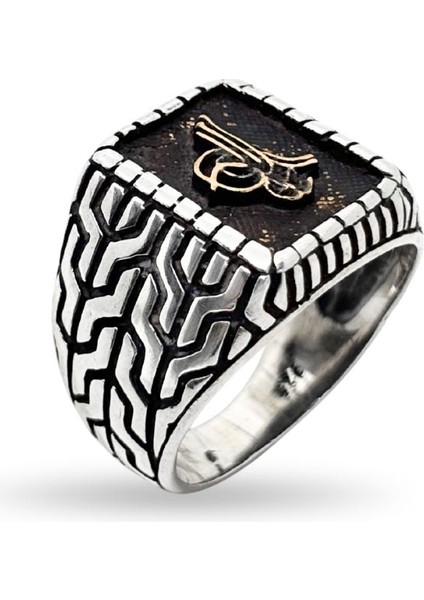 Kalemli Kare Tuğra Gümüş Erkek Retro Yüzük