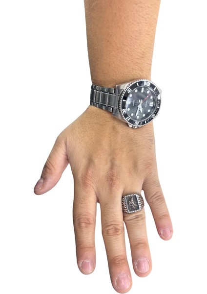 Kalemli Kare Tuğra Gümüş Erkek Retro Yüzük modelleri