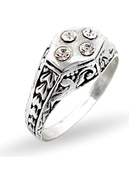 Dörtlü Zirkon Taşlı Desenli Retro Gümüş Erkek Yüzük