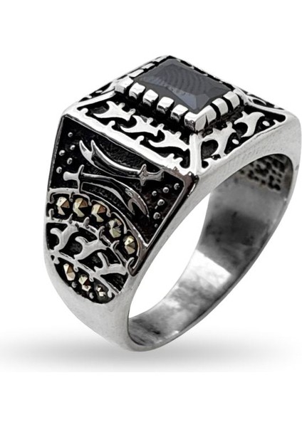 Kesme Oniks Taşlı Kalemli Hz. Ali Kılıcı Gümüş Erkek Yüzük