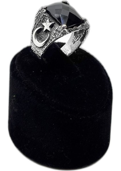 Ay Yıldız Motifli Kesme Oniks Gümüş Erkek Yüzük