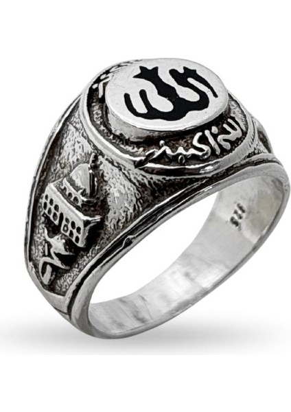 Camii Motifli Allah Yazılı Gümüş Erkek Yüzük
