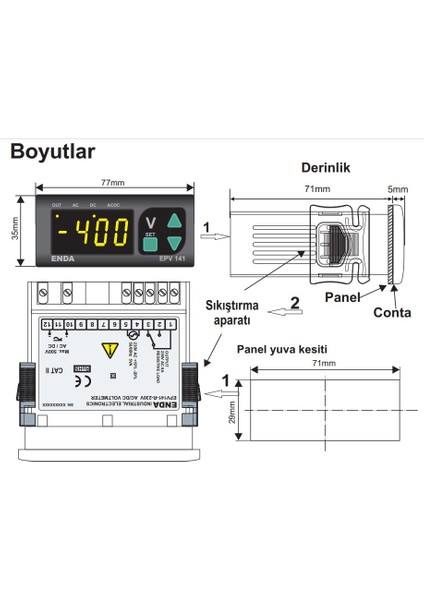 Enda EPV141-R-SM Dijital Voltmetre 77X35MM 9-30V Dc / 7-24V Ac Enda modelleri