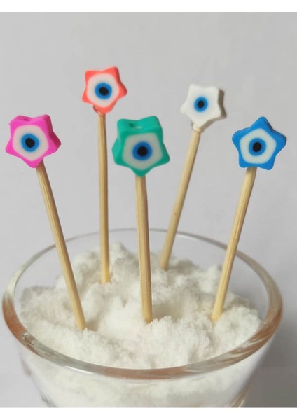 100 Adet Dekoratif Renkli Fimo Çiçek Nazar Boncuklu Pasta Kürdanı 6,5cm-Nazarboncuklu Kürdan