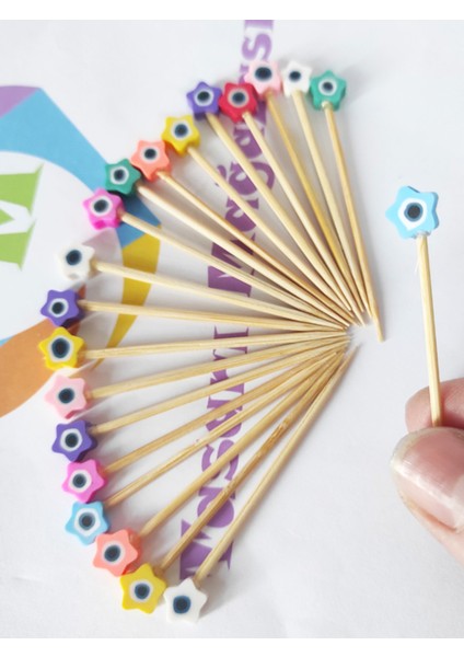 100 Adet Dekoratif Renkli Fimo Çiçek Nazar Boncuklu Pasta Kürdanı 6,5cm-Nazarboncuklu Kürdan fiyatları