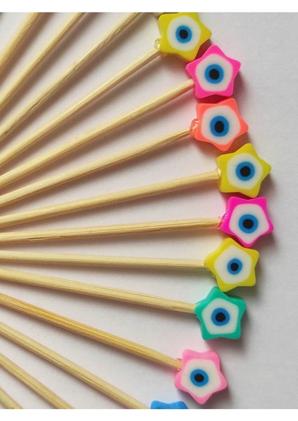 100 Adet Dekoratif Renkli Fimo Çiçek Nazar Boncuklu Pasta Kürdanı 6,5cm-Nazarboncuklu Kürdan modelleri