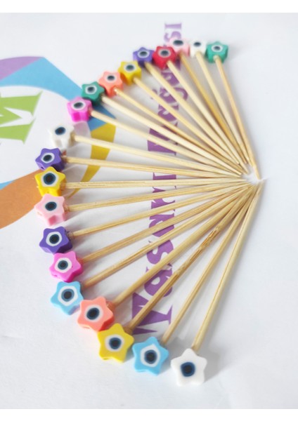 100 Adet Dekoratif Renkli Fimo Çiçek Nazar Boncuklu Pasta Kürdanı 6,5cm-Nazarboncuklu Kürdan fırsatları