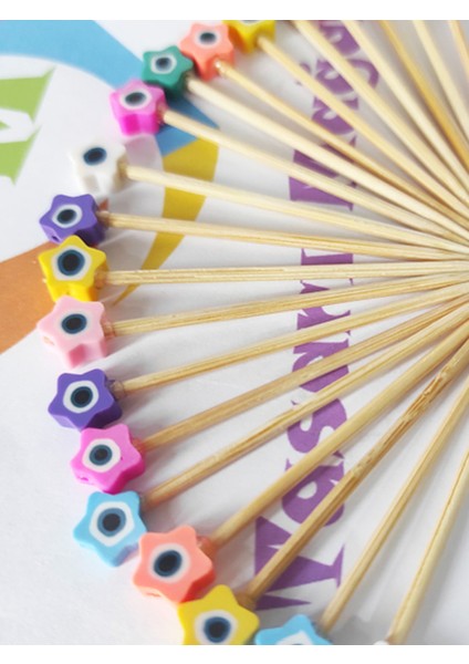 100 Adet Dekoratif Renkli Fimo Çiçek Nazar Boncuklu Pasta Kürdanı 6,5cm-Nazarboncuklu Kürdan indirimleri