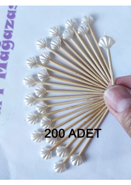 200 Adet Dekoratif Küçük Deniz Kabuğu Incili Nişan Kürdanı 6,5 cm Istiridye 30 Mm- Pasta Kürdanı