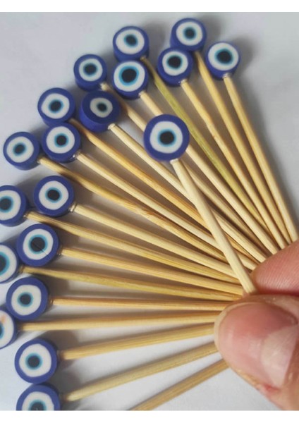 100 Adet Dekoratif Lacivert Fimo Nazar Boncuklu Kokteyl Kürdanı 6,5 Cm-Nazarboncuklu Sünnet Kürdanı