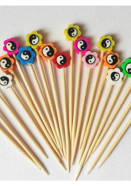 100 Adet Dekoratif Renkli Yin Yang Fimo Boncuklu Cupcake Pasta Kürdanı 6,5 cm