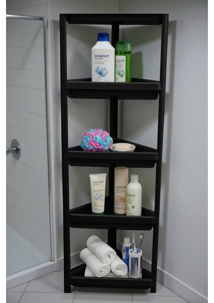 Siyah 5 Katlı Üçgen Raf Ünitesi – Köşe Alanlar Için Şık ve Fonksiyonel Depolama Çözümü Mutfak Banyo Salon