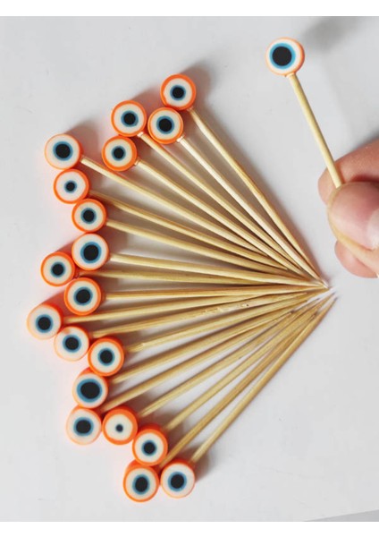 100 Adet Dekoratif Turuncu Fimo Nazar Boncuklu Kokteyl Kürdanı 6,5 cm