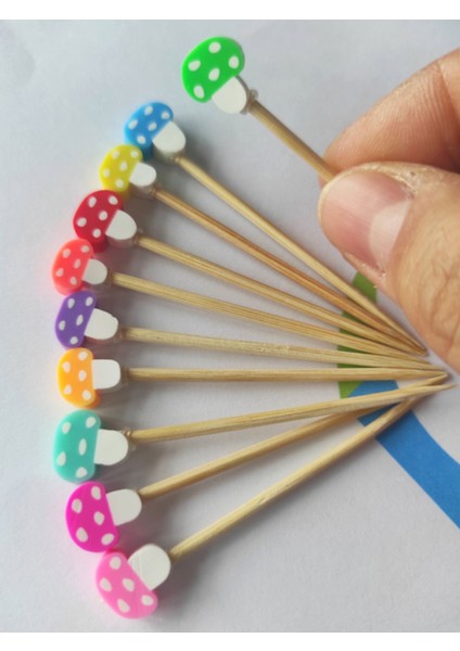 100 Adet Dekoratif Mantar Fimo Boncuklu Doğum Günü Kürdanı 6,5 cm Karışık Renk - Mantarlı Kürdan