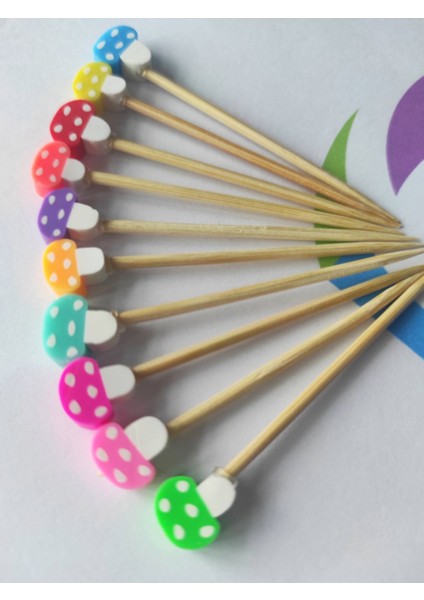 100 Adet Dekoratif Mantar Fimo Boncuklu Doğum Günü Kürdanı 6,5 cm Karışık Renk - Mantarlı Kürdan fiyatları