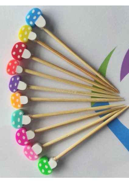 100 Adet Dekoratif Mantar Fimo Boncuklu Doğum Günü Kürdanı 6,5 cm Karışık Renk - Mantarlı Kürdan modelleri