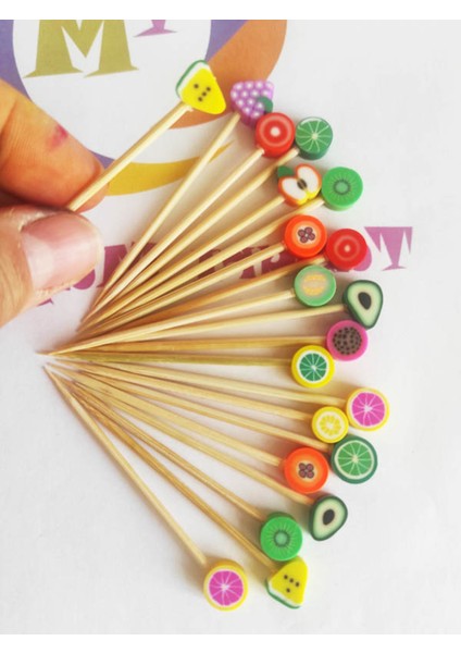 100 Adet Dekoratif Karışık Meyveli Fimo Boncuklu Kokteyl Kürdanı 6,5 cm - Meyveli Pasta Kürdanı