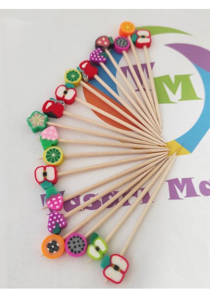 100 Adet Dekoratif Karışık Meyveli Fimo Boncuklu Kokteyl Kürdanı 6,5 cm - Meyveli Pasta Kürdanı fiyatları