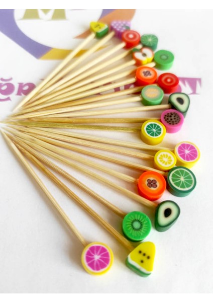 100 Adet Dekoratif Karışık Meyveli Fimo Boncuklu Kokteyl Kürdanı 6,5 cm - Meyveli Pasta Kürdanı modelleri