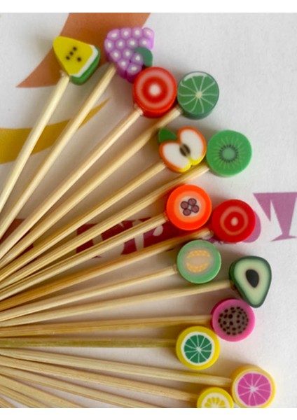 100 Adet Dekoratif Karışık Meyveli Fimo Boncuklu Kokteyl Kürdanı 6,5 cm - Meyveli Pasta Kürdanı fırsatları