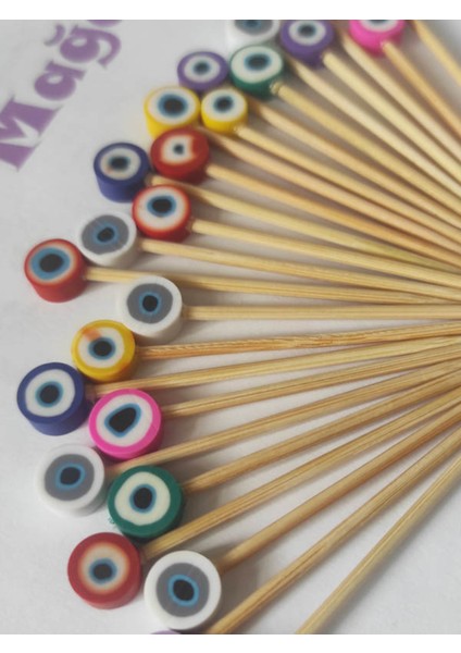 100 Adet Dekoratif Renkli Fimo Nazar Boncuklu Sunum Kürdanı 6,5 cm - Nazarboncuklu Pasta Kürdanı modelleri