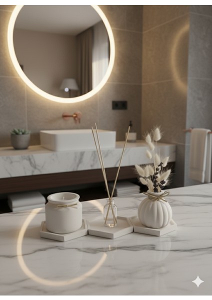 6'lı Set - Lavanta Kokulu Mum ve Lüks Oda Kokusu, 3’lü Altlık Seti + Dekoratif Vazo Çiçek Hariçtir modelleri