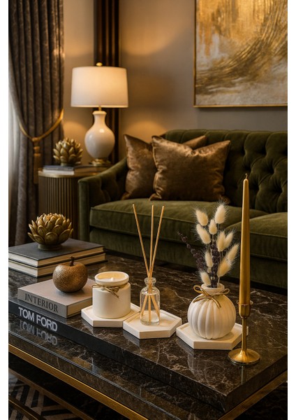 6'lı Set - Lavanta Kokulu Mum ve Lüks Oda Kokusu, 3’lü Altlık Seti + Dekoratif Vazo Çiçek Hariçtir fırsatları