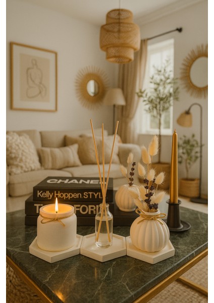 6'lı Set - Lavanta Kokulu Mum ve Lüks Oda Kokusu, 3’lü Altlık Seti + Dekoratif Vazo Çiçek Hariçtir indirimleri