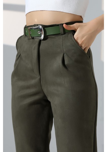 Kadın Süet Kumaş Kemerli Pensli Pantolon – Yüksek Bel Bilek Boy fiyatları