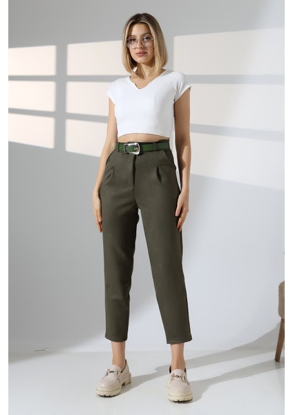Kadın Süet Kumaş Kemerli Pensli Pantolon – Yüksek Bel Bilek Boy modelleri