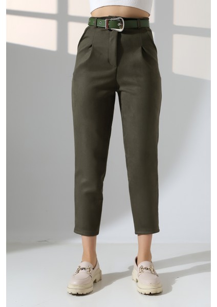 Kadın Süet Kumaş Kemerli Pensli Pantolon – Yüksek Bel Bilek Boy fırsatları