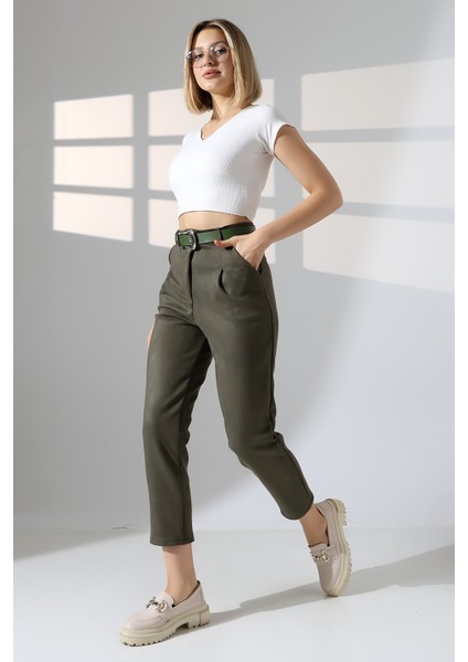Kadın Süet Kumaş Kemerli Pensli Pantolon – Yüksek Bel Bilek Boy indirimleri