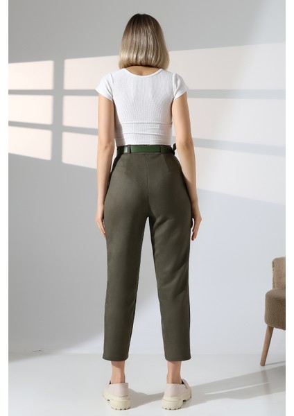 Kadın Süet Kumaş Kemerli Pensli Pantolon – Yüksek Bel Bilek Boy