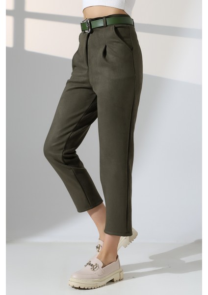 Kadın Süet Kumaş Kemerli Pensli Pantolon – Yüksek Bel Bilek Boy