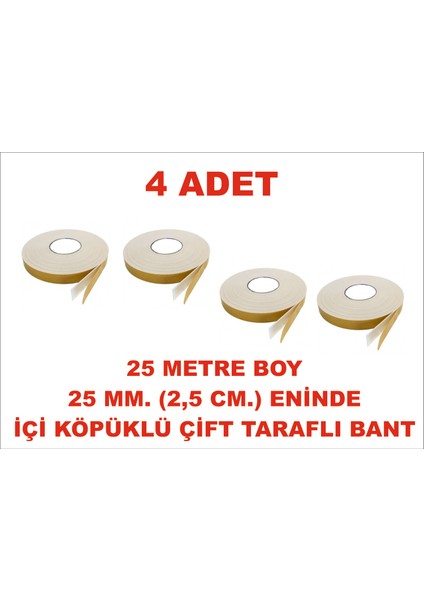 Çift Taraflı Içi Köpüklü Sarı Bant 25 M. Uzunlukta (25 Mm-2,5 Cm) Ebatında 4 Adet