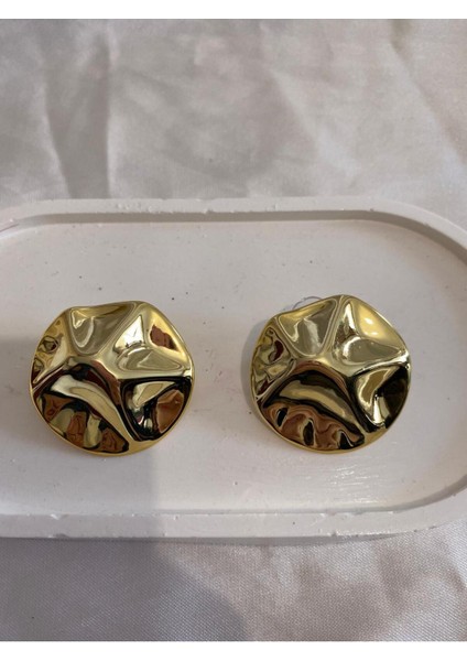 Gold Şık Gösterişli Yuvarlak Form Plaka Dalgalı Küpe