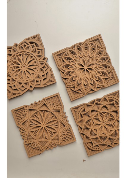 Duvar Dekoru 4'lü Kare Mandala Seti Çok Katmanlı Ahşap Bohem Duvar Süsü